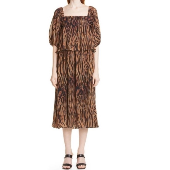 NWT GANNI Pleated Georgette Midi Dress Tigers Eye Size 36 US‎ Size 4 Printed - Picture 7 of 17